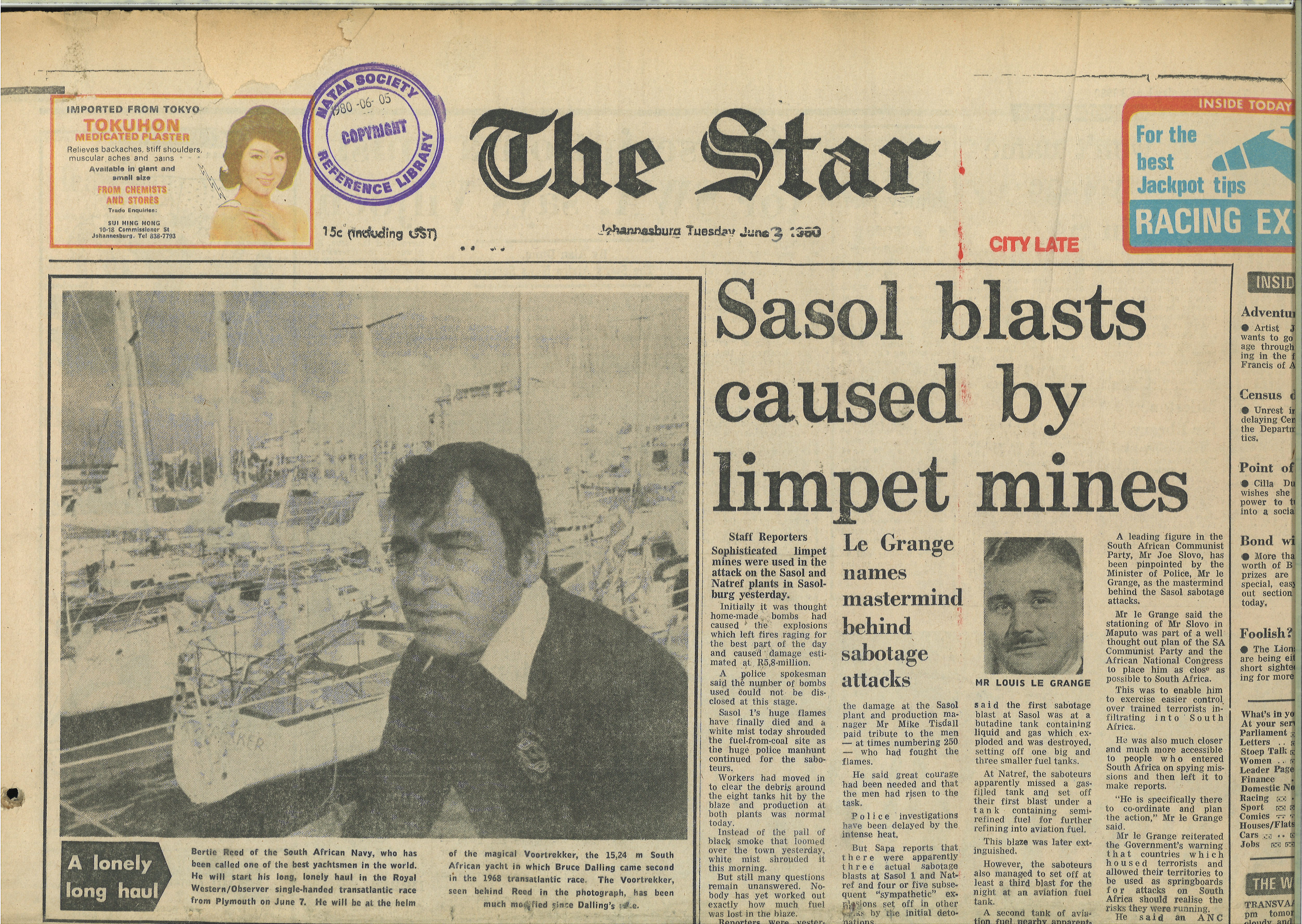 Sasol blast caused by limpet mines, The Star, 3 June 1980 | South